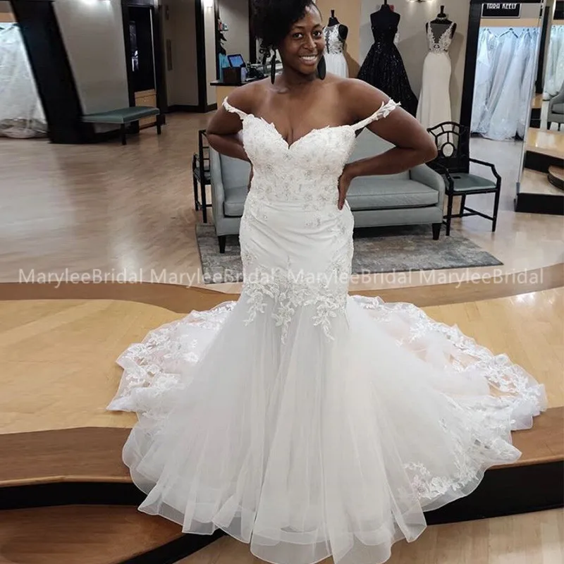 Vestido de noiva с открытыми плечами Русалка Тюль размера плюс свадебное платье Кружева Аппликации Африканские свадебные платья собора Поезд
