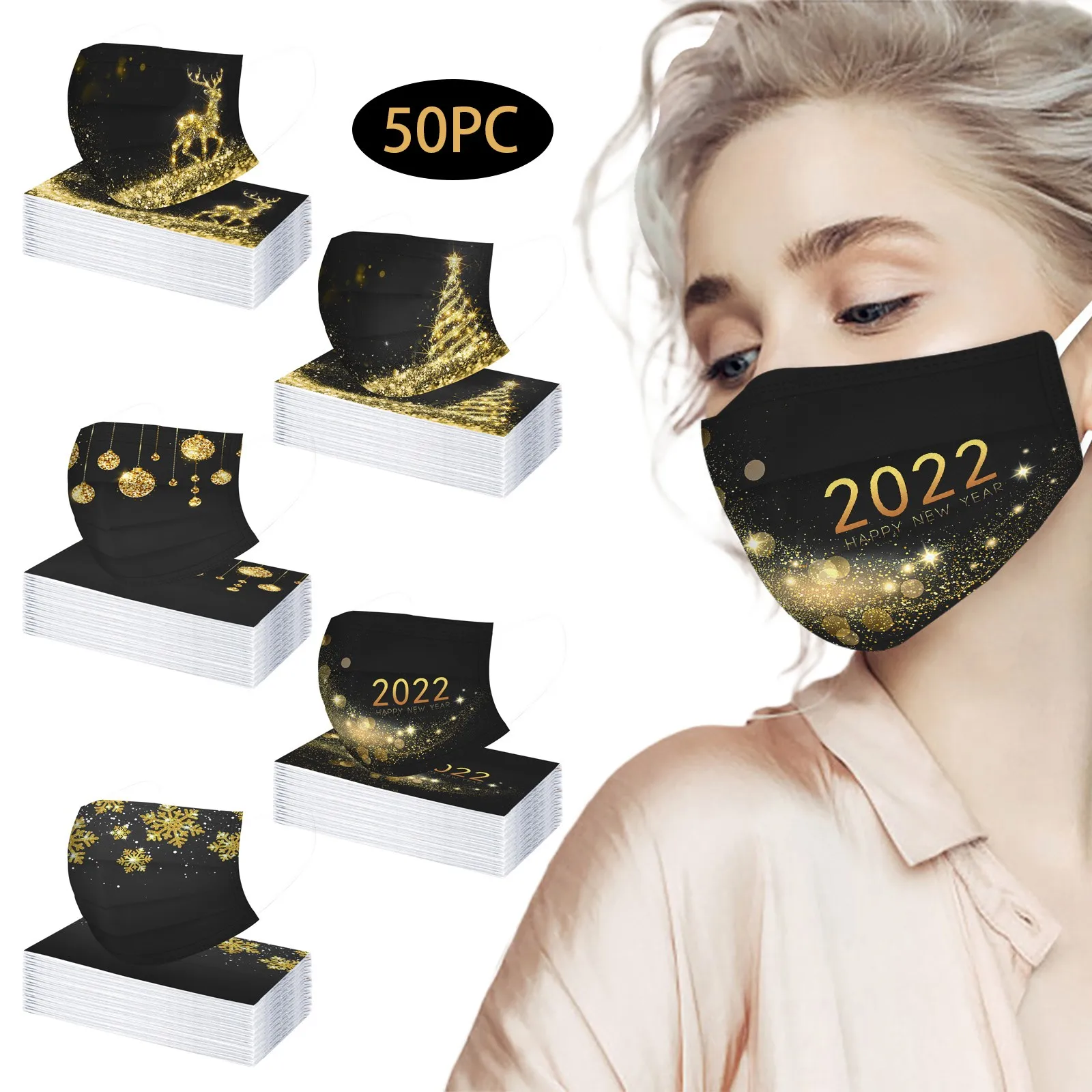 50pcs Disposable Mask Adult Women Men Christmas Printed Black Gold Elk Face 3ply Filters Mouth Cover Navidad Mascaras | Красота и