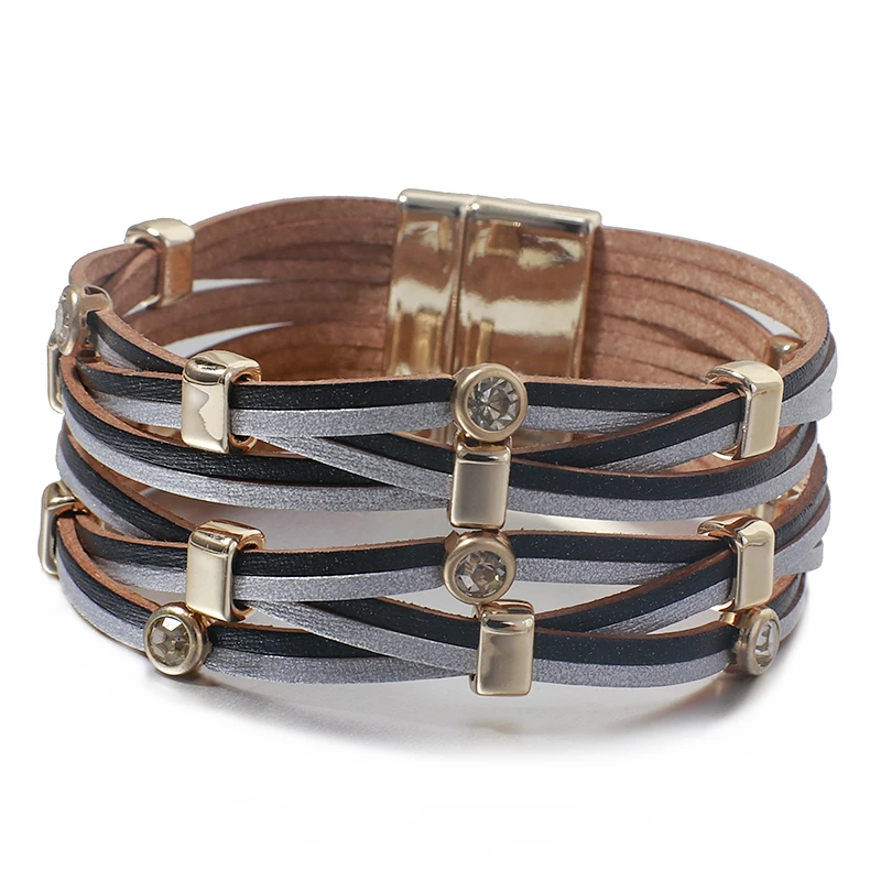 ALLYES Стразы Boho кожаные браслеты для женщин Модные женские богемные Многослойные широкий браслет обруча женские ювелирные изделия - Окраска металла: Black Grey