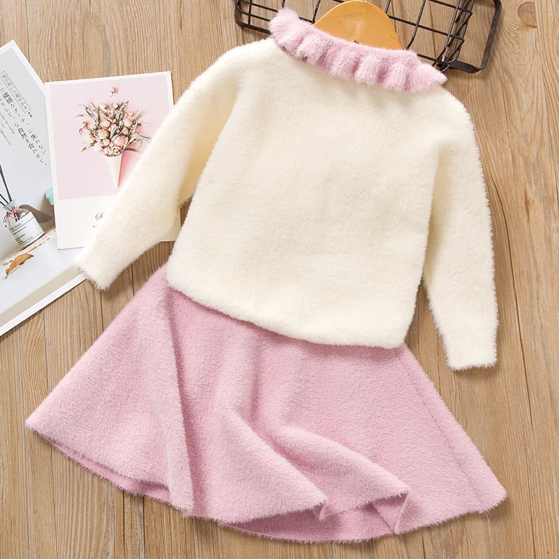 2019 осенний комплект с платьем свитером для девочек Модный вязаный в Корейском