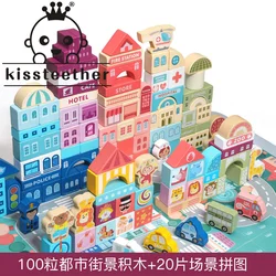 Kissteether juguetes de madera de colores para niños, escenas de tráfico de ciudad, forma geométrica, bloques de construcción ensamblados, juguetes educativos tempranos para niños