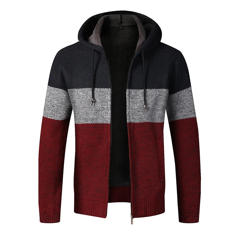 red with hooded Зимняя мужская куртка, толстый теплый кардиган, повседневное пальто с капюшоном, кашемир из флиса, пальто, осенняя, градиентная, вязаная, на молнии, Лоскутная куртка - Цвет: red with hooded