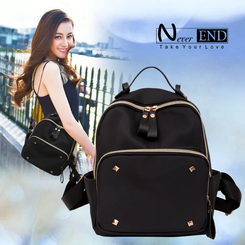 

New Style Rivet Double Back-Style Nylon Waterproof Simple WOMEN'S Backpack Trend Bag Backpack