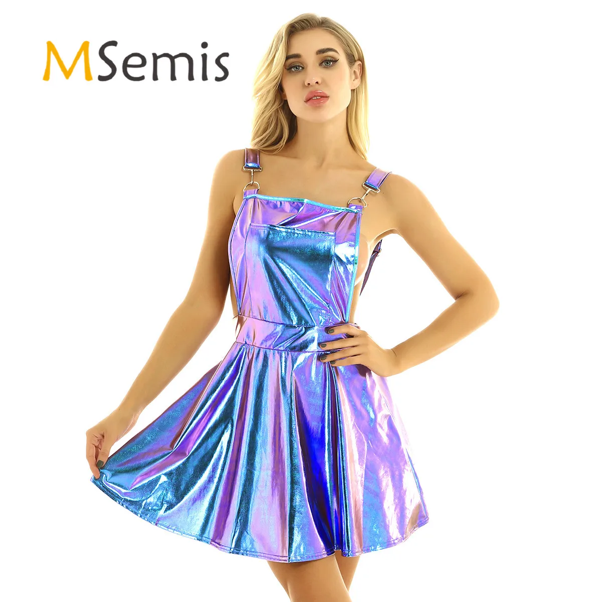 Womens Shiny Metallic Bib Overall Pinafore Prom Dress Rave Costumes Night Club Singer Dancewear Braces Mini Suspender Dresses