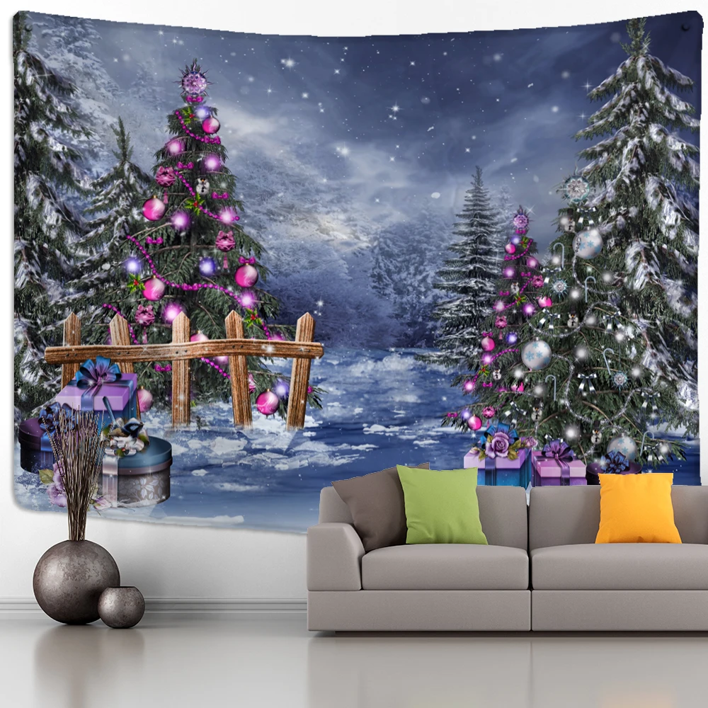 Christmas Tree Snowman Tapestry Wall Hanging Natural Snow Scene Cartoon Oil Painting Aesthetics Room Hippie Home Decor tapestry decorations,canvas wall art,oil painting wall art