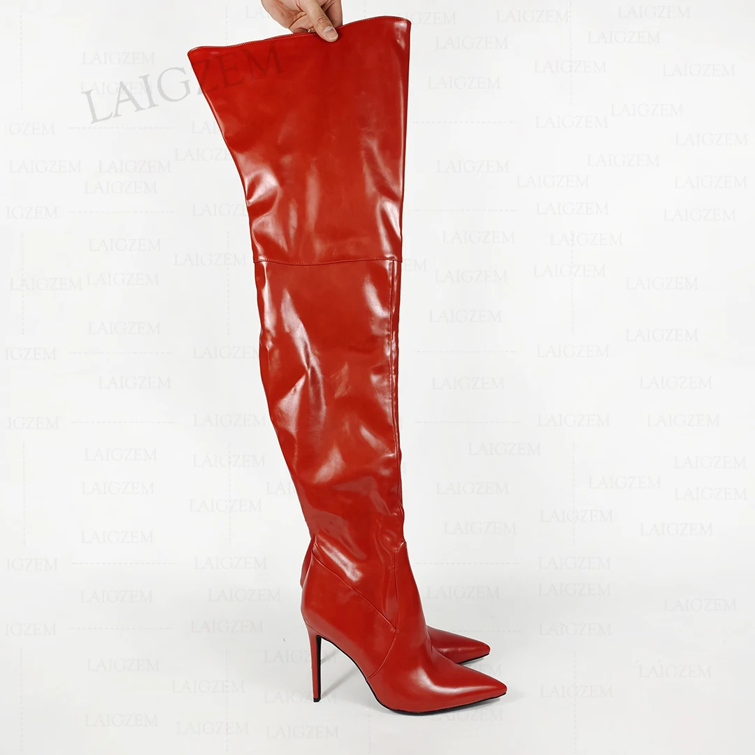 

SEIIHEM Women Thigh High Boots Side Zip Faux Oily Leather Long Boots Stiletto Heels Party Basic Shoes Woman Large Size 41 44 47
