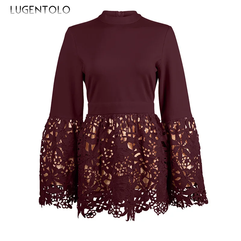 Lugentolo, женские топы, блузка, кружевная, мусульманская, свободная, с длинным рукавом, с полустоячим воротником, элегантные, полые, одноцветные, повседневные, женские блузки