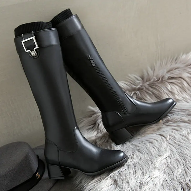 B2-7 Size 31-44 Female PU Leather Patchwork Mid Calf Boots Ladies Zips Metal Decoration Boot Woman High Heels Shoes Women Shoe | Обувь