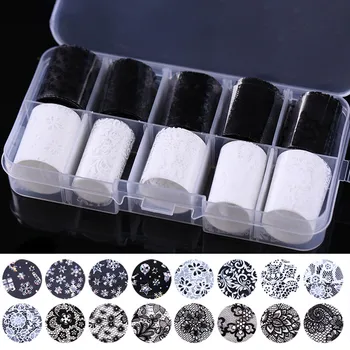 

10 Rolls/Box Nail Foils Sticker Laser sparkly Sky Black White Lace Mixed DIY Nail Sticker Decoration