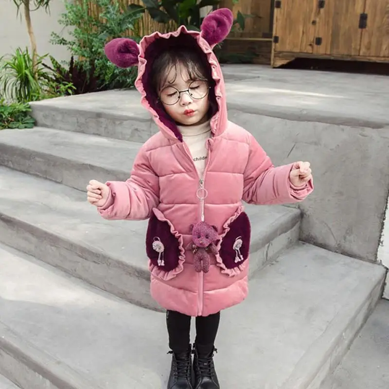 pink Детское пальто коллекция года, зимний Модный хлопковый теплый жакет на толстой подкладке с капюшоном для девочек, Детская уличная одежда на вате V22 - Цвет: pink