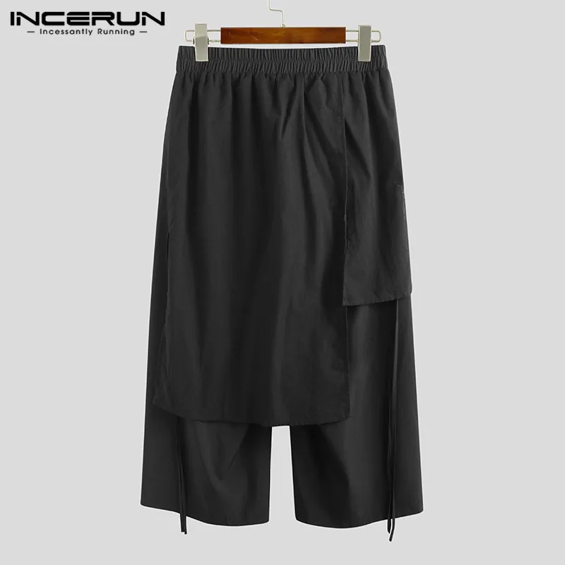Wide Leg Pants Wide Leg Sweatpants INCERUN Solid Color Men Casual Pants Joggers Elastic Waist Loose Irregular Skirt Trousers Men Streetwear Harajuku Wide Leg Pants