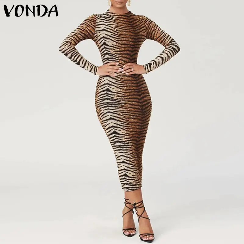 VONDA платье с леопардовым принтом, осень, длинные платья макси с длинным рукавом и круглым вырезом, богемные платья для беременных, пляжный Сарафан