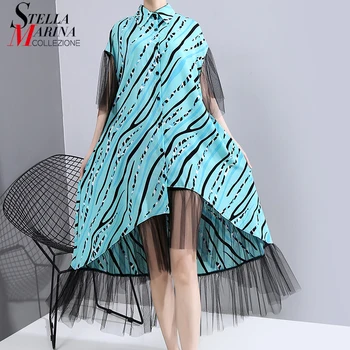 

New 2020 Plus Size Women Summer Blue Shirt Dress Straight Mesh Sleeve Irregular Stripes Ladies Stylish Unusual Midi Dress 6109