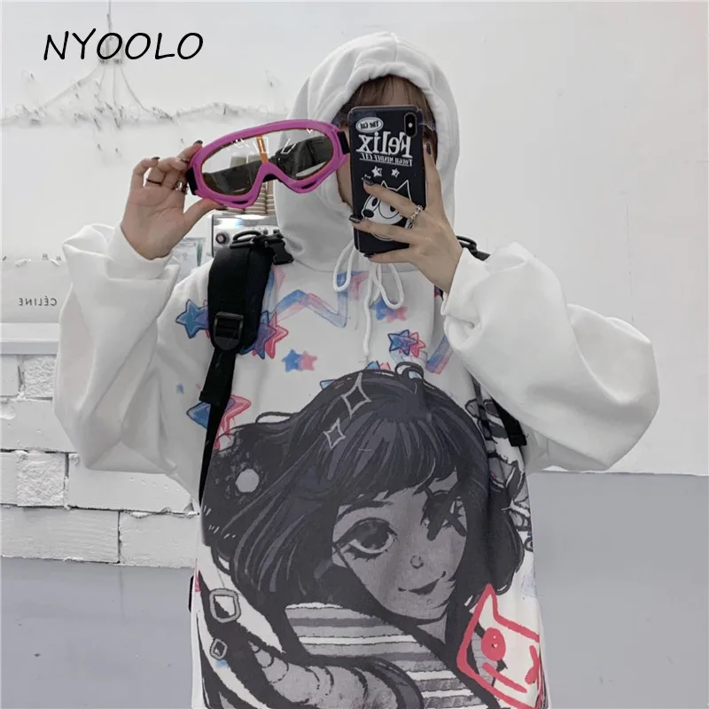 NYOOLO теплые толстовки в стиле Харадзюку с милым рисунком для девочек; сезон осень-зима; свободный бархатный пуловер с капюшоном; женская одежда