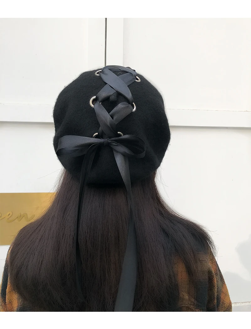 H3543, женский шерстяной берет, Корейская шапка Harajuku с перекрестной повязкой, вязаная шляпа с бантом, Осень-зима, для художника, высокое качество, модные женские шапки на ремешке