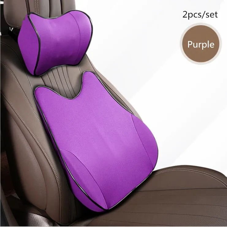 Purple Памятная пена поясная задняя Автомобильная подушка для сиденья для вождения набор подголовников для поясницы и шеи Подушка для поддержки позвонка Защита позвоночника Авто спинка - Цвет: Purple