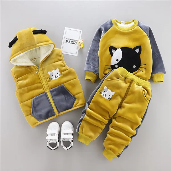 vest coat pant 3pcs Зимний комплект одежды для мальчиков и девочек, теплый, более толстый костюм для детей, верхняя одежда для детей, одежда для маленьких мальчиков и девочек, жилет+ пальто+ штаны, комплект из 3 предметов - Цвет: vest coat pant 3pcs