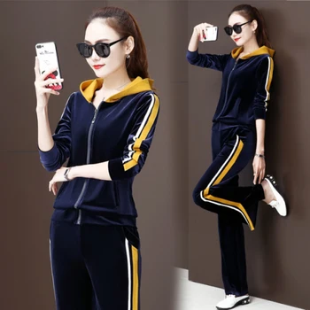 

Vintage Zip Plus Size Two Piece Set Striped Gold Velvet Ropa Deportiva Mujer Korean Brief Casual Loose Twinset