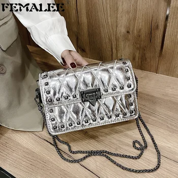 

Shiny PU Leather Rivet Rimmed Messenger Bag Women Embroidery Thread Wide Strap Handbags Diamond Lattice Flap Shoulder Square Bag