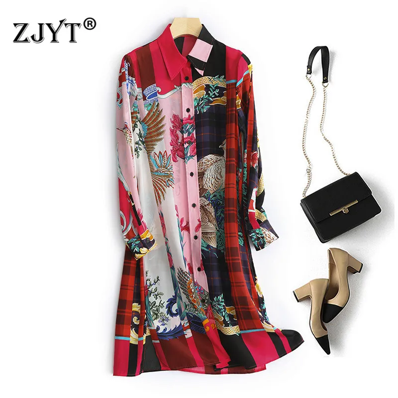 

High Quality Spring Runway Dress 2020 New Fashion Women's Turn Down Neck Long Sleeve Vintage Print 100% Real Silk Dress Loose