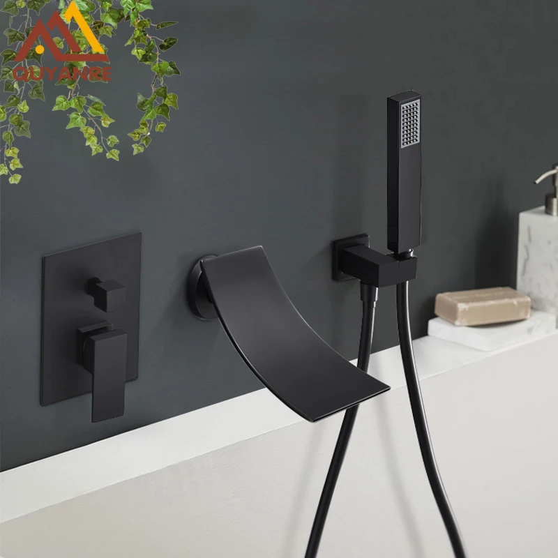 Quyanre Black Chrome Waterfall Bathtub Shower Faucet Wall Mount Hot Cold Water Mixer Bath Tap Robinet Baignoire | Обустройство дома