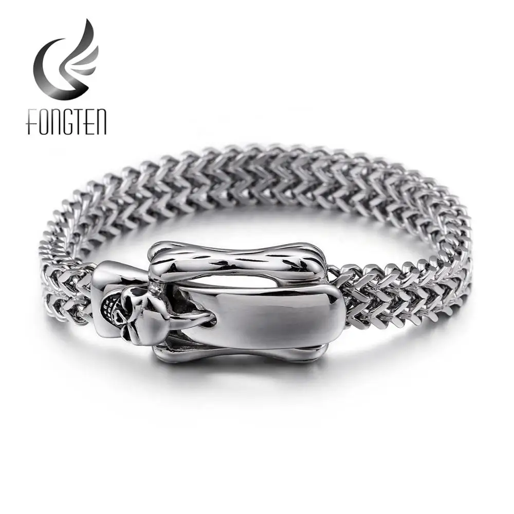 Fongten Скелет пряжка узел сетка браслет цепочка для мужчин нержавеющая сталь серебряный череп мужские s браслеты ювелирные изделия