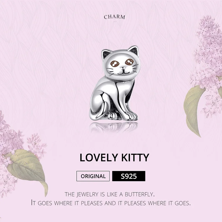 bamoer Cute Baby Cat Metal Beads Charm for Women European Luxury Bracelet 925 Sterling Silver Fashion Jewelry SCC1305