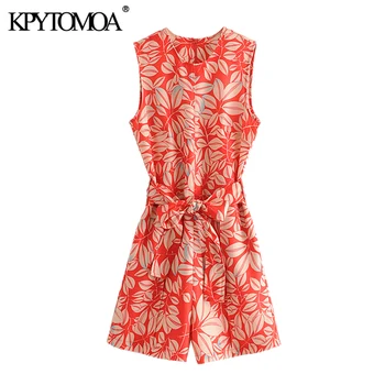 

KPYTOMOA Women 2020 Chic Fashion Floral Print Bow Tie Sashes Playsuits Vintage Sleeveless Side Pockets Female Short Jumpsuits