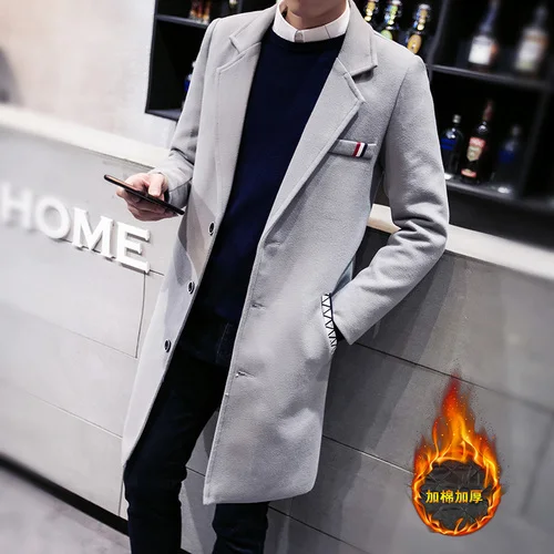 Grey Thick VOGUELEO осень-зима мужской шерстяной Тренч приталенный длинный деловой Тренч для мужчин лацкан Досуг Высокое качество верхняя одежда - Цвет: Grey Thick