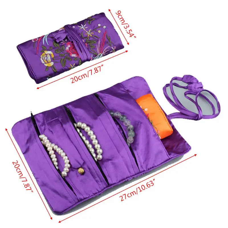 

Oriental Silk Jewelry Roll Wrap Embroidery Jewellery Pouch Organizer Travel Ornaments Storage Case