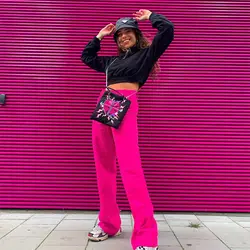 Неоновые розовые Модные свободные широкие брюки женские повседневные длинные брюки с высокой талией Pantalones Anchos 2019 новые женские осенние