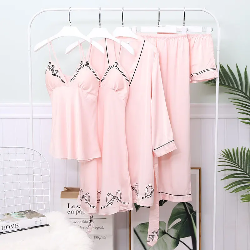 

SIMISI Women's Nightgown Suit 5Pcs Faux Silk Print Full Bathrobe Sexy Above Knee, Mini Built-in Chest Pad Sleepwear Home Clothes