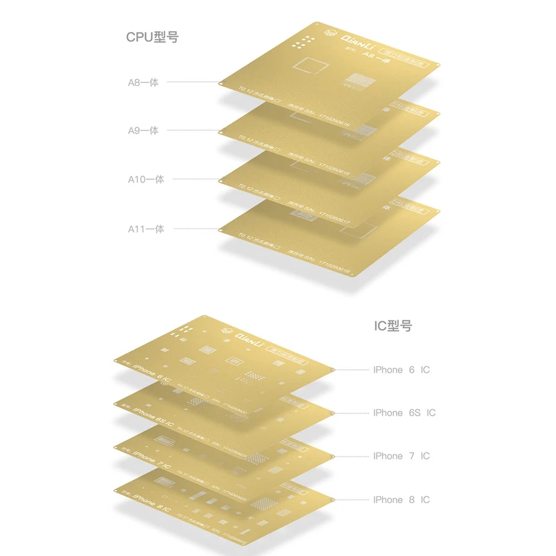 

QianLi 3D Plant Tin Mesh BGA Reballing Gold Stencil Kits Set Solder Template For iPhone 6/6S/6S Plus/7/8 Plus/X A8/A9/A10/A11