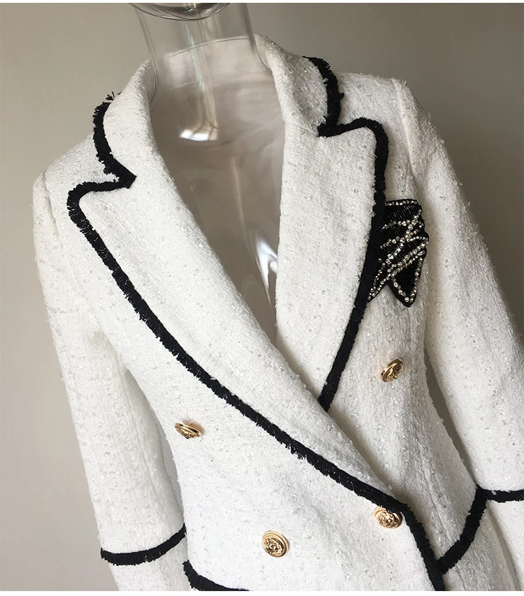 Plus Size XXXL Women High Street Long Jackets Runway Beading Double Breasted Solid Color White Slim Chic Blazers High Quality