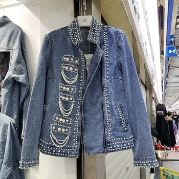 

2020 autumn New Diamond Pearl fashion Denim Jacket Beads Chain Decoration Stand Collar Slim Fit Jeans Coat Womens Retro Outwear
