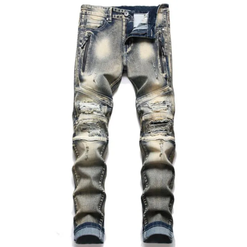 

2021 Fashion Mens Biker Retro Jeans Autumn Streetwear Trousers Men Hole Slim Destroyed Torn Ripped Denim Pants Vaqueros Hombre