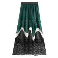 Осенняя эластичная гибкая юбка миди с высокой талией, плиссированная юбка трапециевидной формы, кружевная юбка с цветным блоком для женщин, зеленые, желтые женские юбки saias