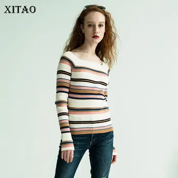 

XITAO Square Collar Striped Sweater Hit Color Matching Full Sleeve 2020 Spring Europe Style Casual Slim Knitted Top DMY3747