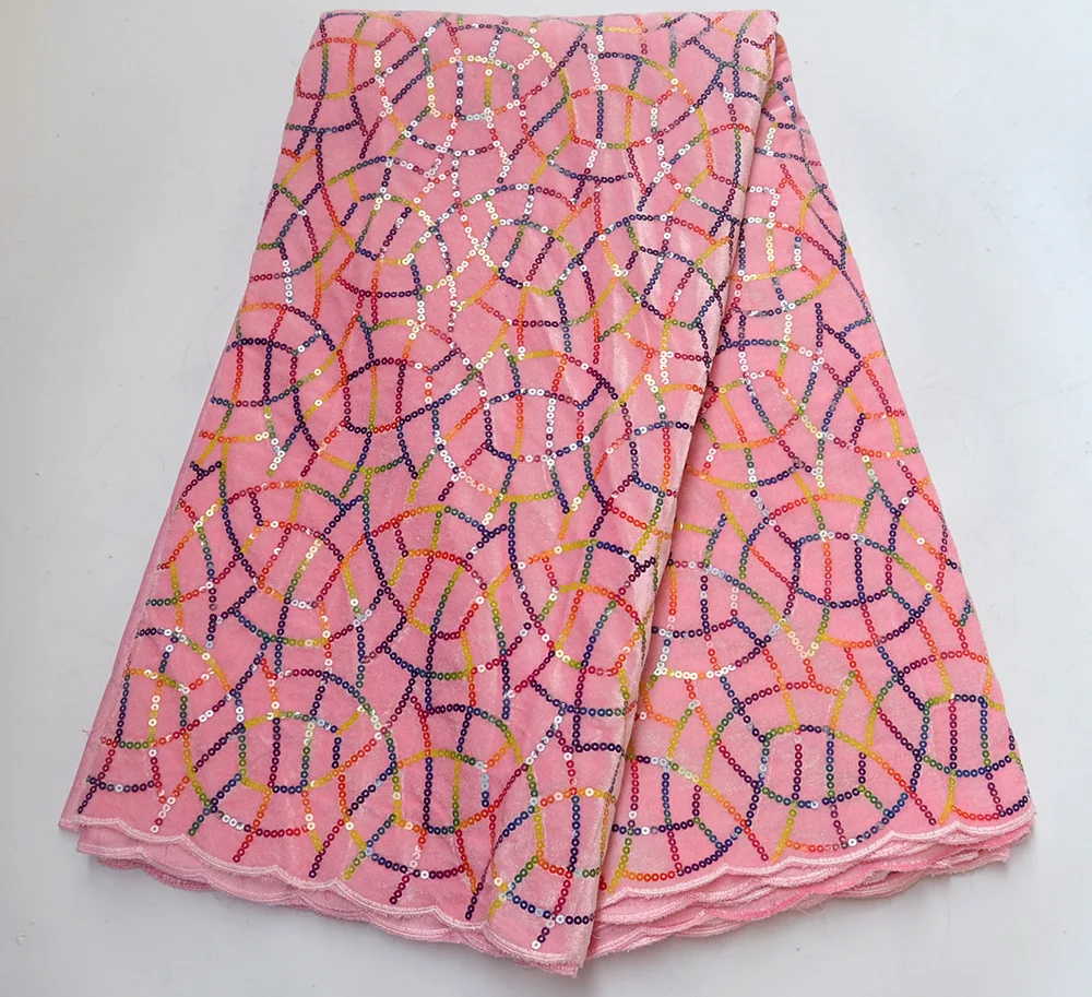 

Newest Pink African Lace Fabric Embroidered Double velvet With sequins Nigerian High quality African Lace Fabric