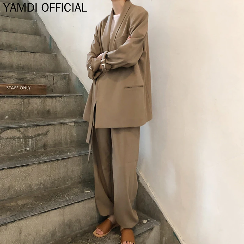 YAMDI винтажный блейзер с воротником, пальто, комплект из 2 предметов со штанами, свободный Блейзер, куртка и прямые штаны, Женский костюмный пояс, Новинка