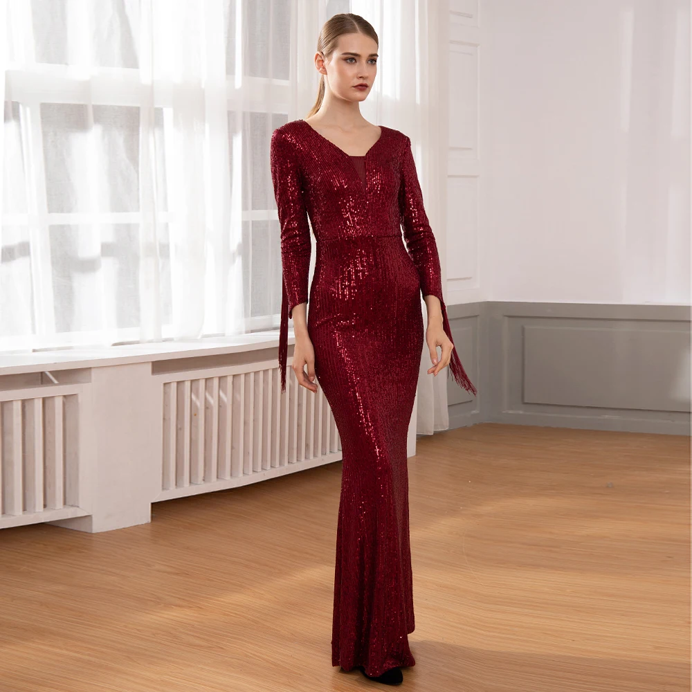 

Burgundy Maxi Dress Striped Sequined Patchwork Mesh Tassels Long Dress V Neck Stretchy Party Dress