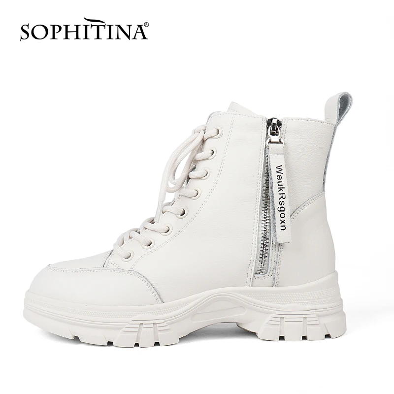 SOPHITINA Women's Shoes Winter Leisure Sport Genuine Leather Ankle Boots Round Toe Zipper Lace-Up Comfortable Women Boots WZ02