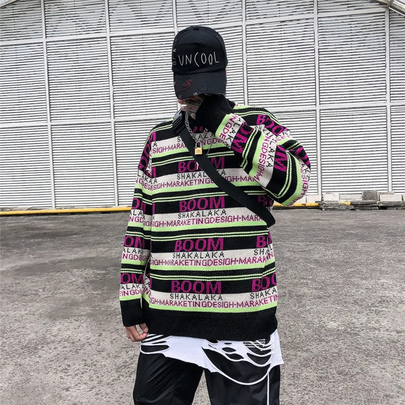 Полосатый свитер HipHop с темными иконами и буквами для мужчин и женщин, трикотажный пуловер, уличный мужской свитер, мужские свитера с заниженным плечом