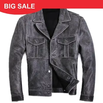 

2020 Vintage Grey Men Double Pockets American Style Leather Jacket Large Size XXXL Genuine Cowhide Autumn Slim Fit Leather Coat