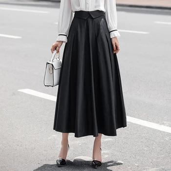 

Korean Chic Style Black Midi Skirts Spring Autumn Women High Waist Long Skirts Pockets Big Swing Vintage Saia Clothes