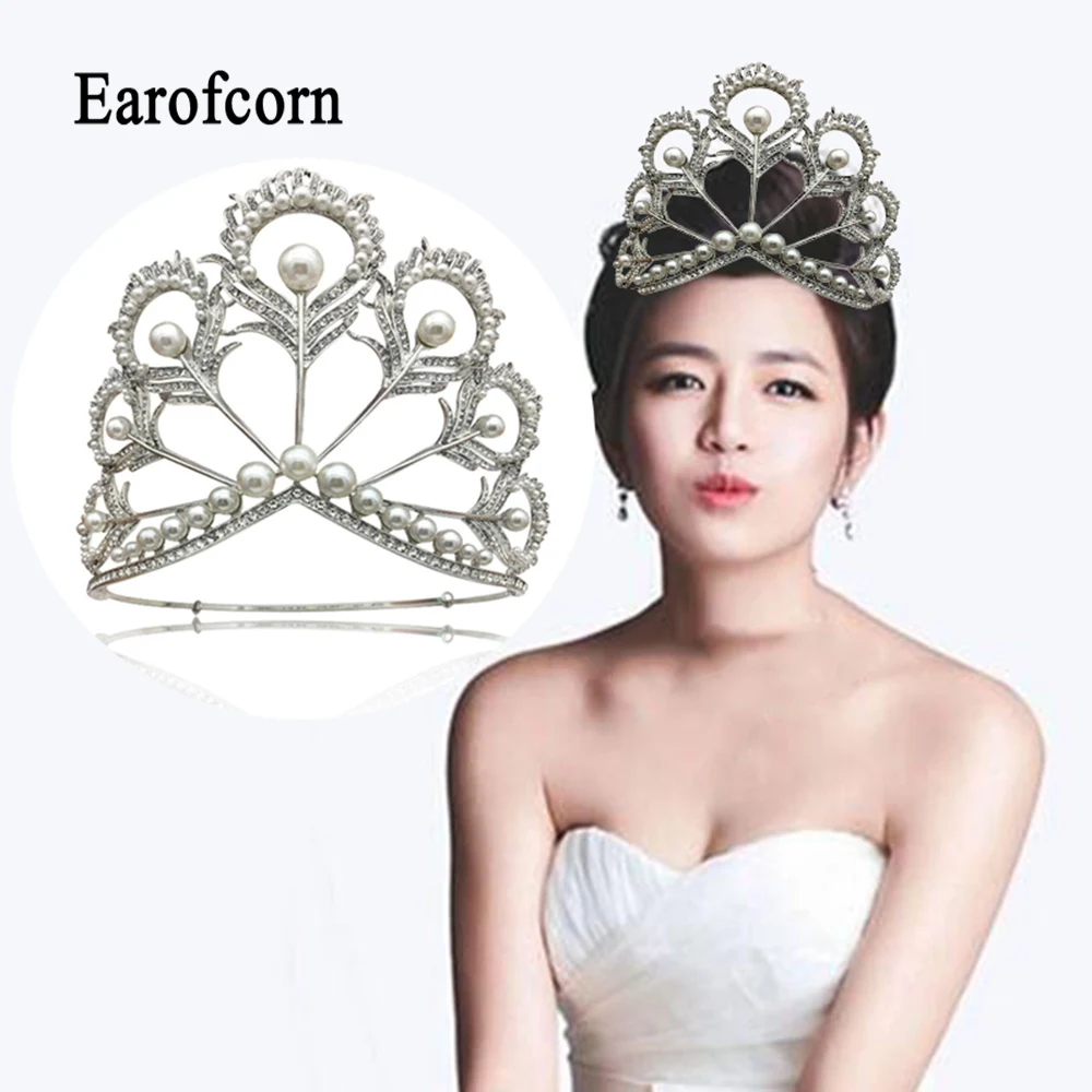 Earofcorn European American Rhinestones Bridal Tiara Peacock Feathers Pearl Crown Wedding Accessories Adjusted Size for Women | Украшения и