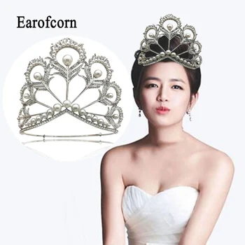 

Earofcorn European American Rhinestones Bridal Tiara Peacock Feathers Pearl Crown Wedding Accessories Adjusted Size for Women