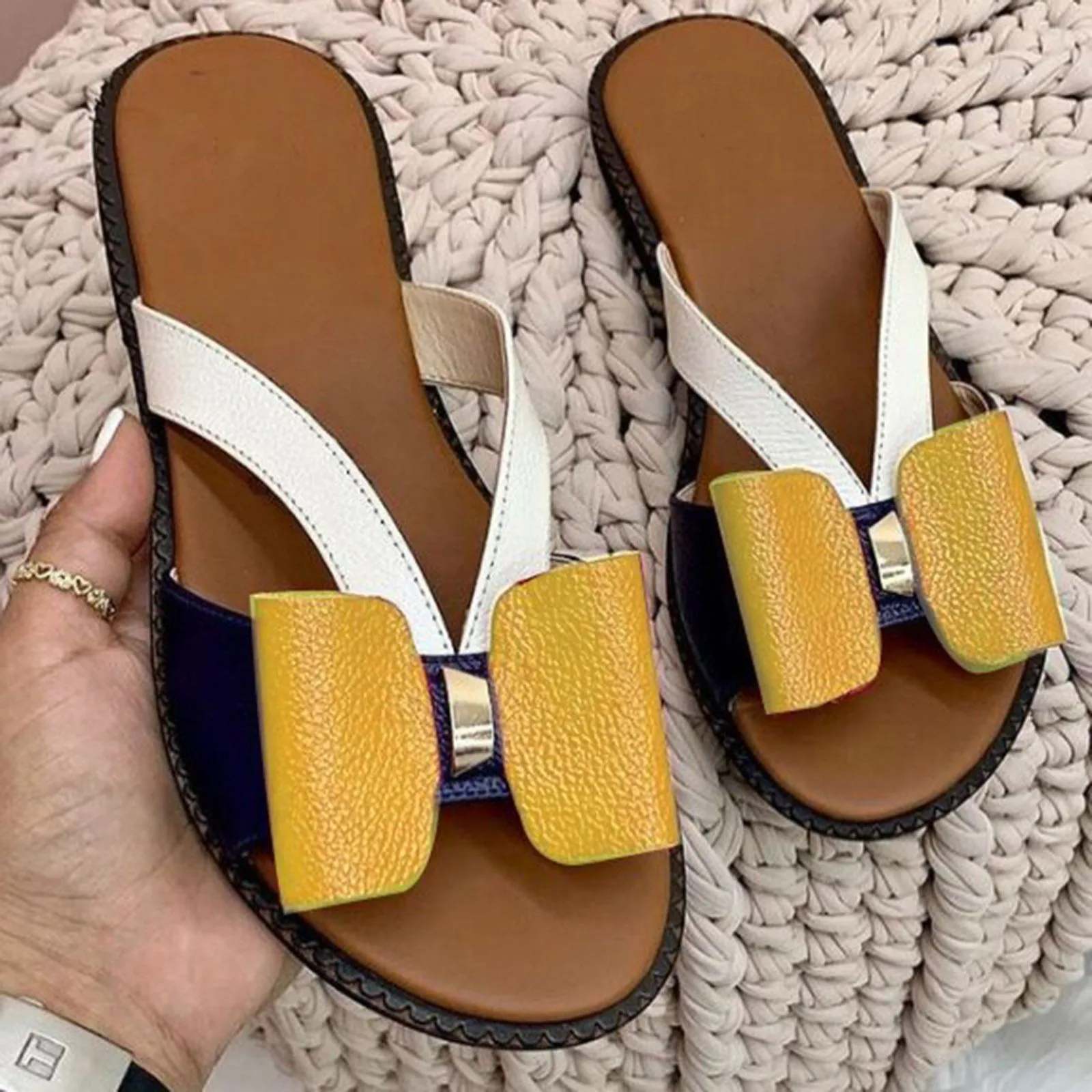 Women Shoes 2021 Summer Women Fashion Flat Color Blocking Bowknot Large Size Sandals Slippers PU Beach Outdoor Slides