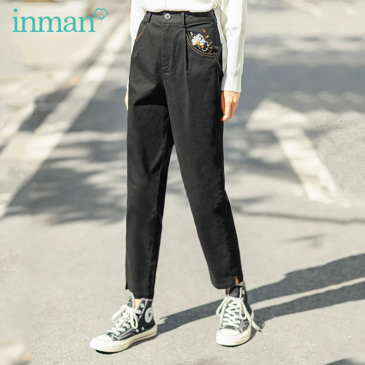 INMAN 2020 Spring New Arrival Literary High Waist Embroidered Slimmed Nine Minutes Pants INMAN 2020 Spring New Arrival Literary High Waist Embroidered Slimmed Nine Minutes Pants