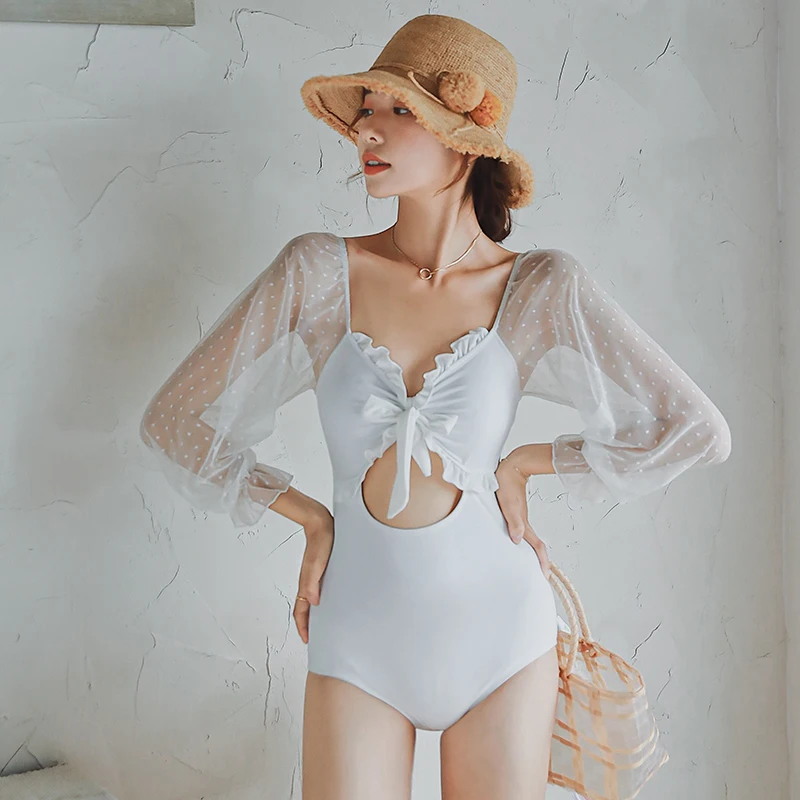 

2021 New Fashion Women's Swimsuit One Piece Long Sleeve Ruffled Cute Bow Hollow Belly Lace-up Solid Summer Beach Bathing Suit